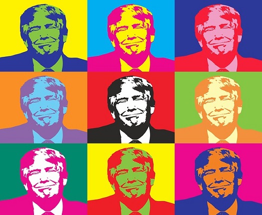 Nine colorful cartoon images of Donald Trump