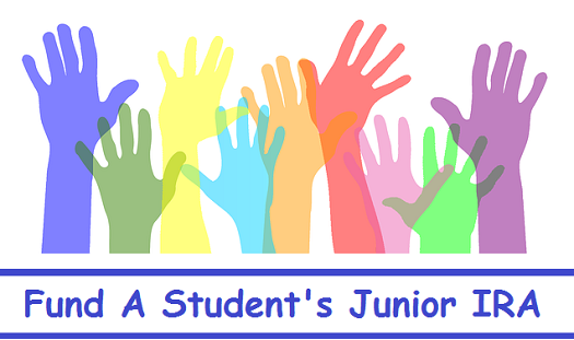 A picture of hands reaching skyward and a caption underneath the hands reading, "Fund A Student's Junior IRA"