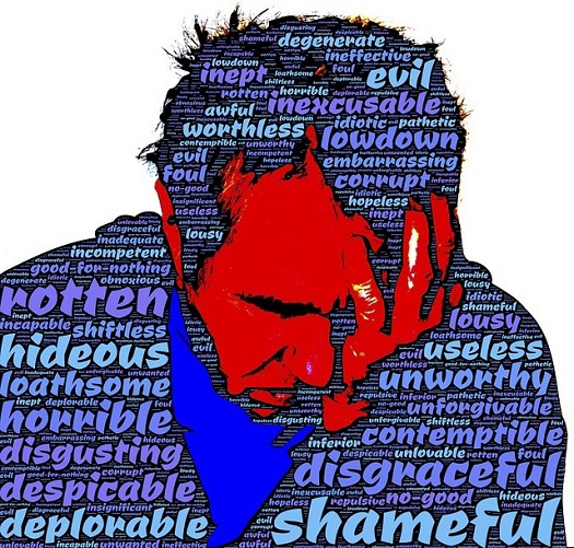 a picture of a guilt-ridden man with unflattering words superimposed over his body and clothes