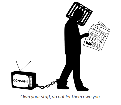 A picture of a man with a cage around his head and a television chained to his ankle