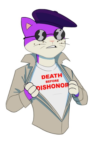 a picture of Mr. Groovy revealing a "Death Before Dishonor" t-shirt